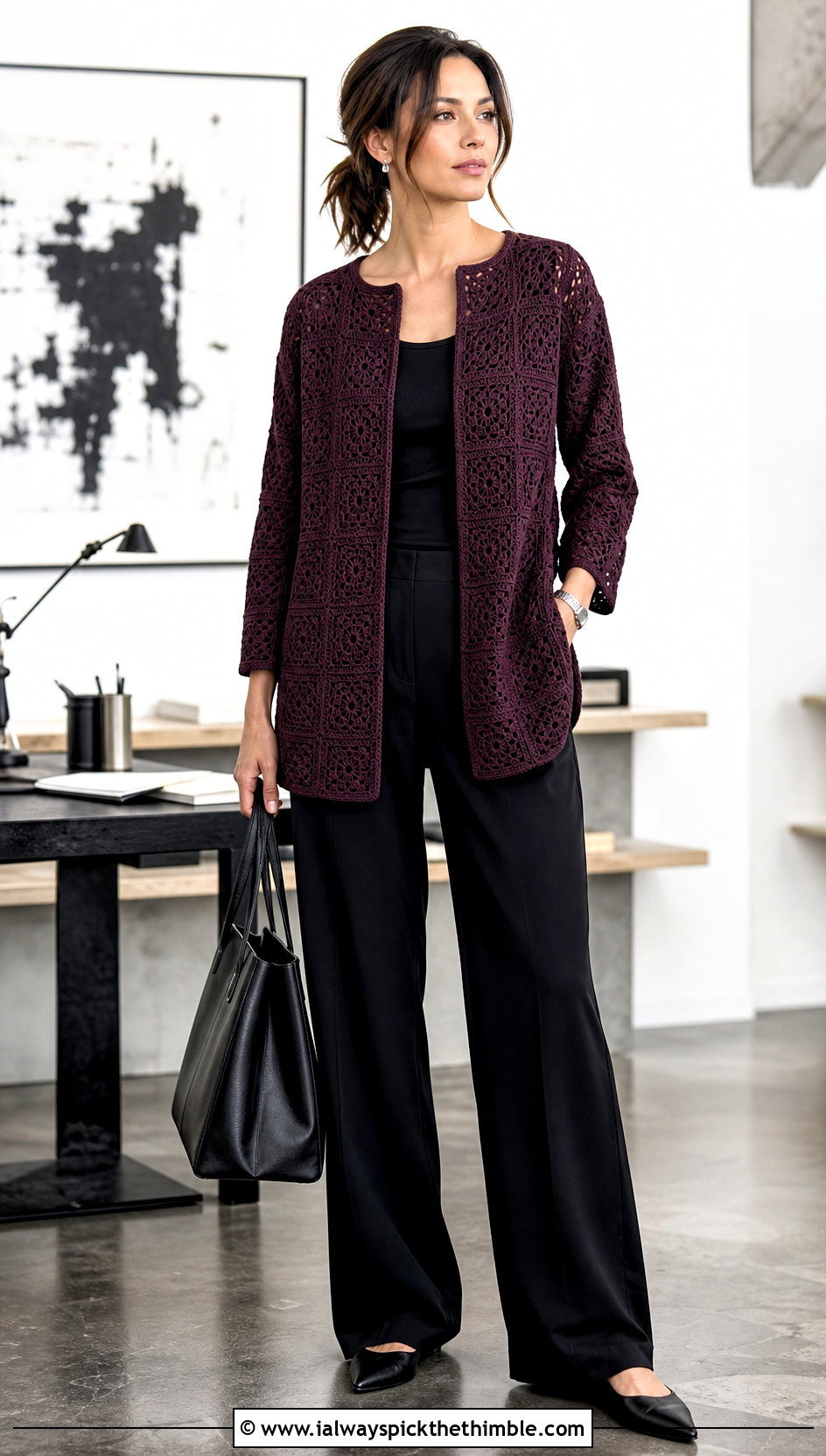 Long Square Affair Crochet Jacket With Black Wide Leg Pants - 20 Long Square Affair Crochet Jacket outfit ideas