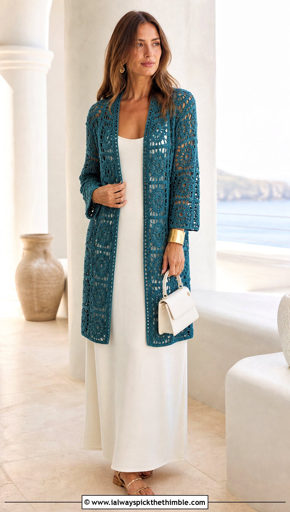 Long Square Affair Crochet Jacket With Column Maxi Dress - 20 Long Square Affair Crochet Jacket outfit ideas