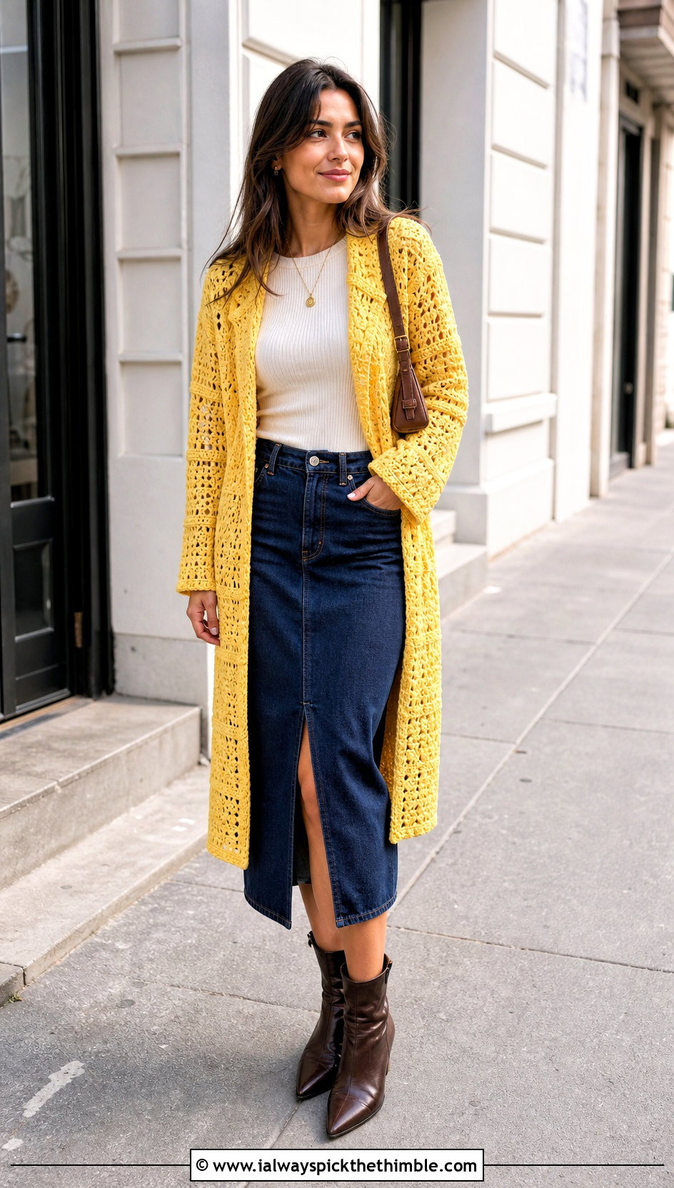 Long Square Affair Crochet Jacket With Denim Midi Skirt - 20 Long Square Affair Crochet Jacket outfit ideas