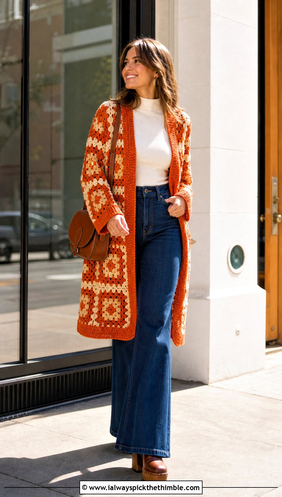 Long Square Affair Crochet Jacket With Flared Jeans - 20 Long Square Affair Crochet Jacket outfit ideas