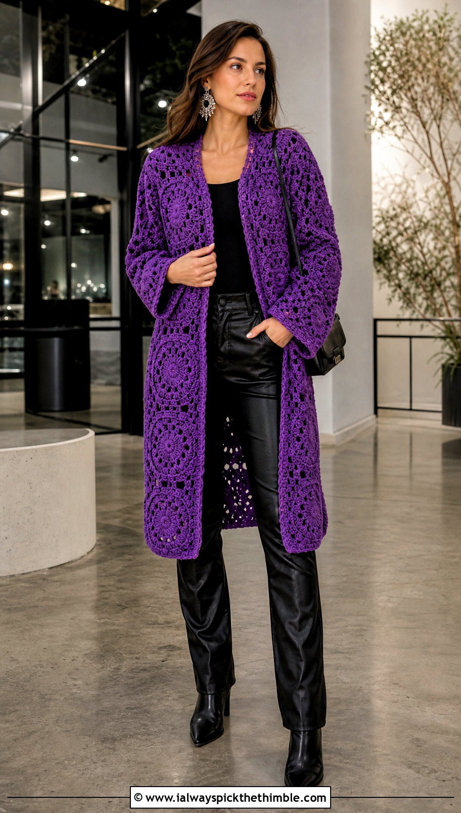 Long Square Affair Crochet Jacket With Leather Pants - 20 Long Square Affair Crochet Jacket outfit ideas