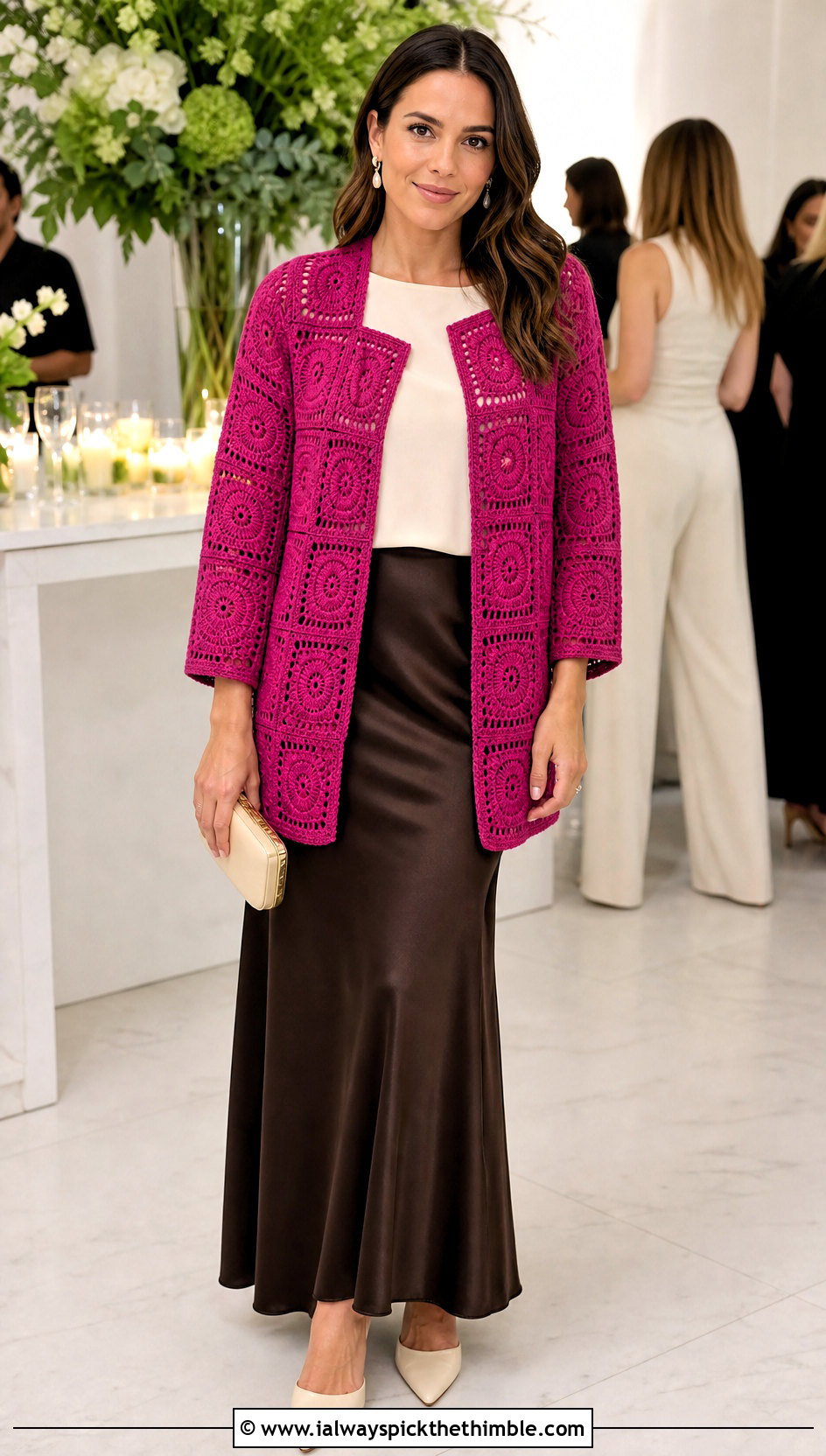 Long Square Affair Crochet Jacket With Satin Maxi Skirt - 20 Long Square Affair Crochet Jacket outfit ideas