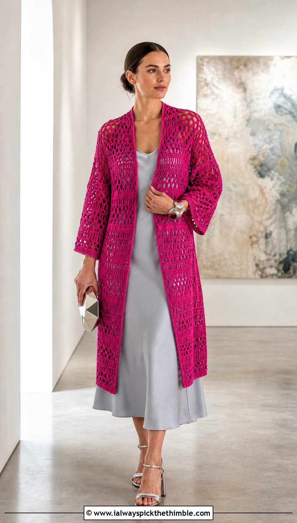 Long Square Affair Crochet Jacket With Satin Slip Dress - 20 Long Square Affair Crochet Jacket outfit ideas