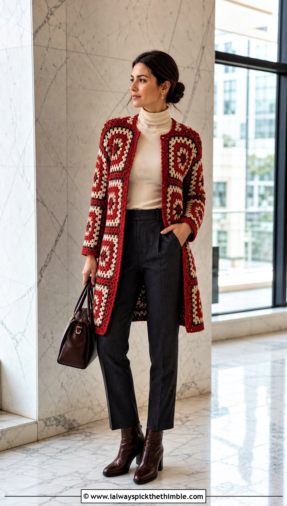 Long Square Affair Crochet Jacket With Turtleneck And Wool Pants - 20 Long Square Affair Crochet Jacket outfit ideas