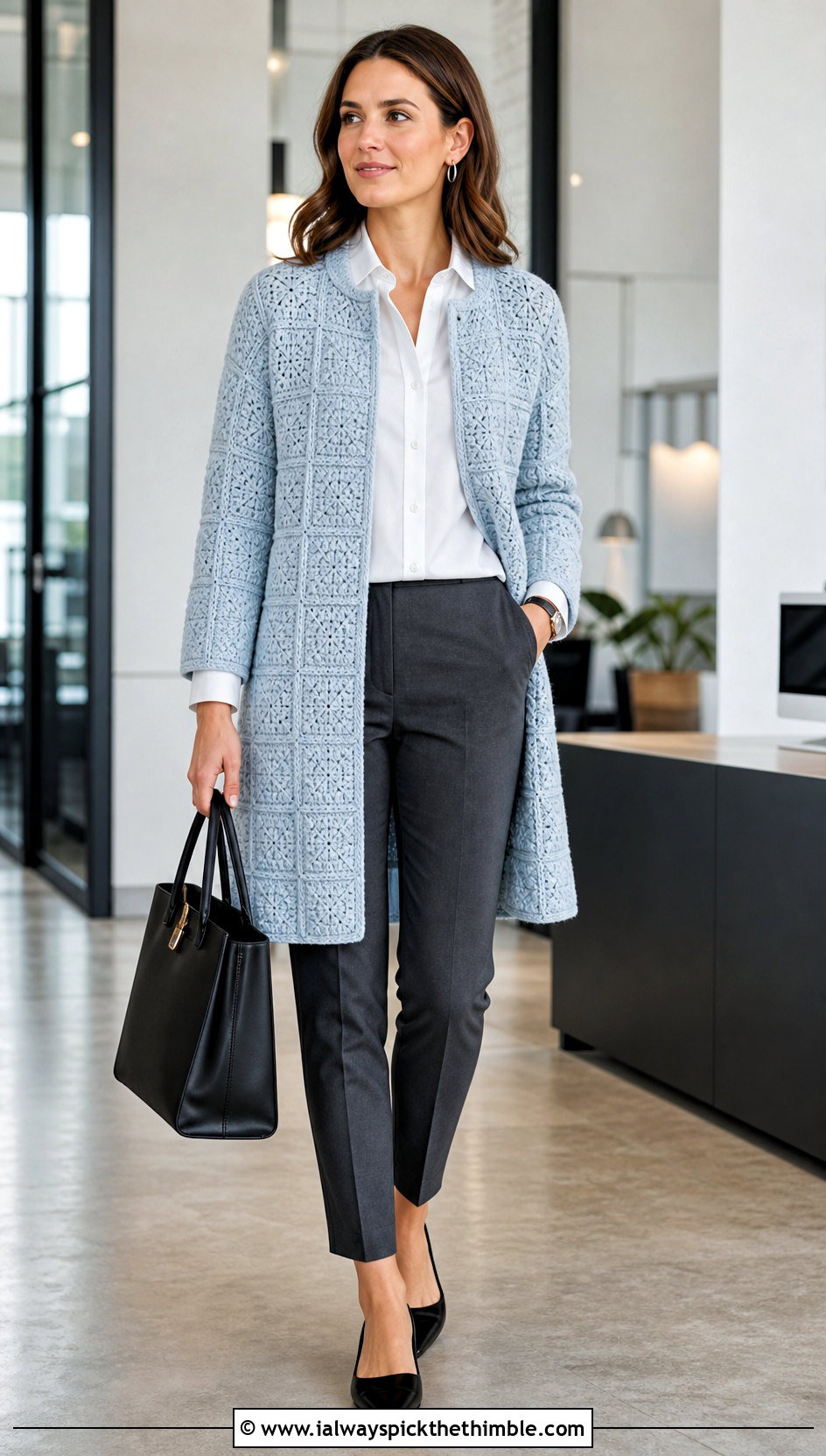 Long Square Affair Crochet Jacket With White Shirt And Slim Pants - 20 Long Square Affair Crochet Jacket outfit ideas