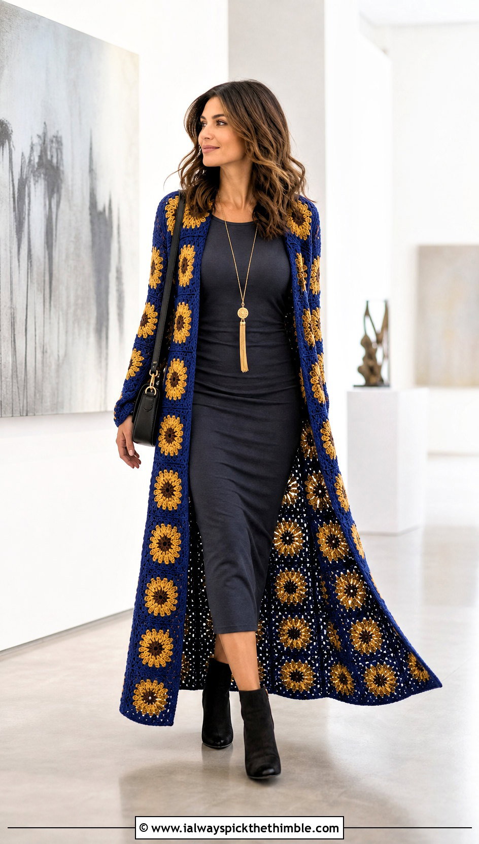 Long Sunflower Duster Cardigan With Column Dress - 25 crochet sunflower sweater outfit ideas