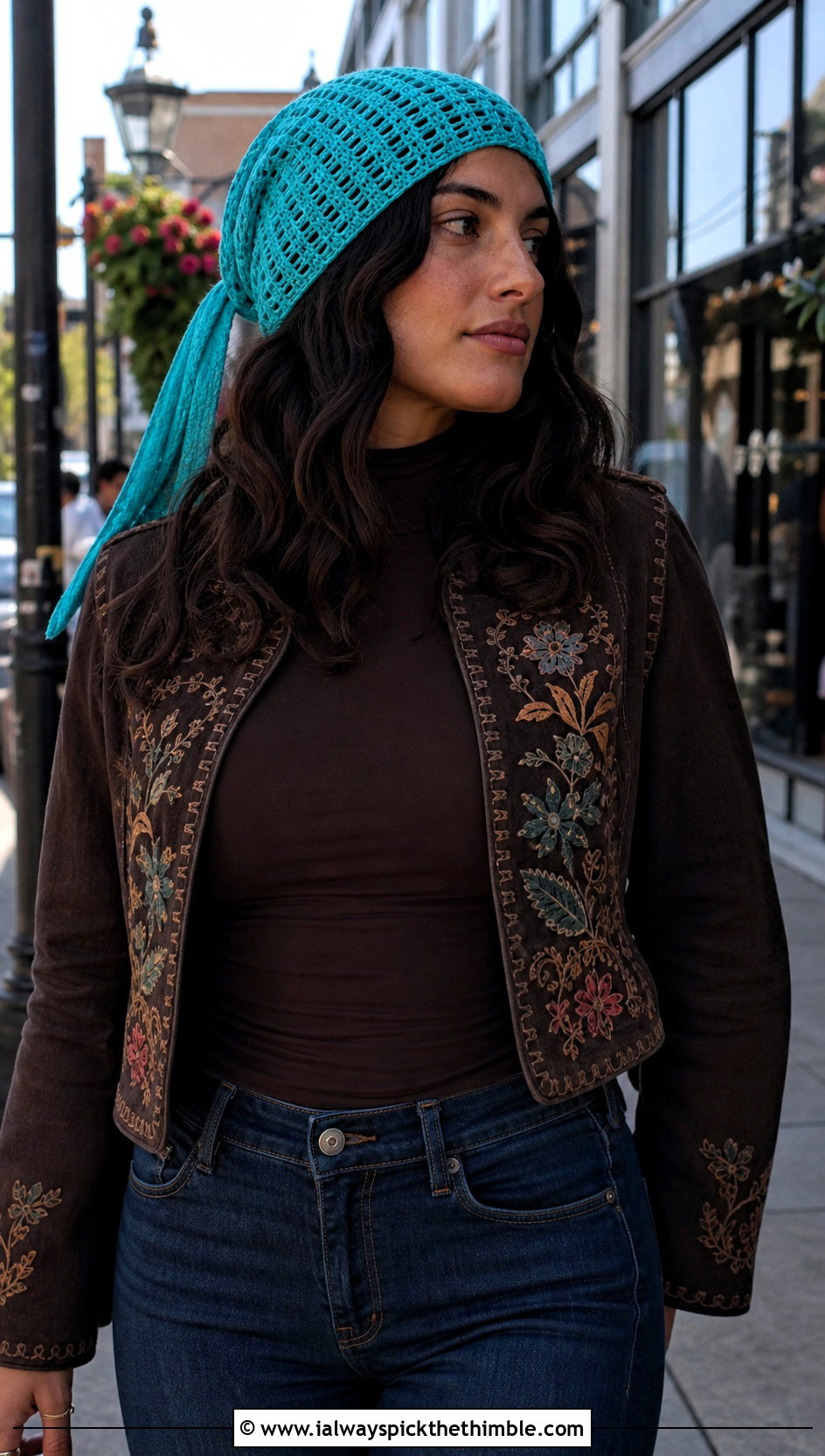 Long Tail Crochet Bandana Scarf With Flared Jeans - 25 crochet bandana scarf outfit ideas