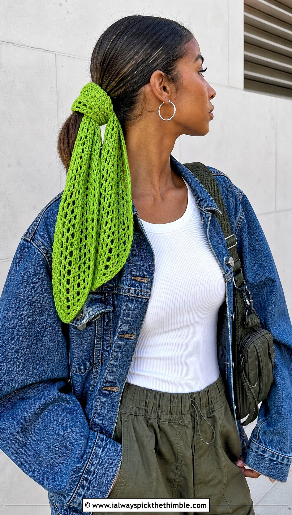 Long Tail Crochet Hair Scarf With Denim Jacket And Cargo Pants - 15 Crochet Hair Scarf Ideas
