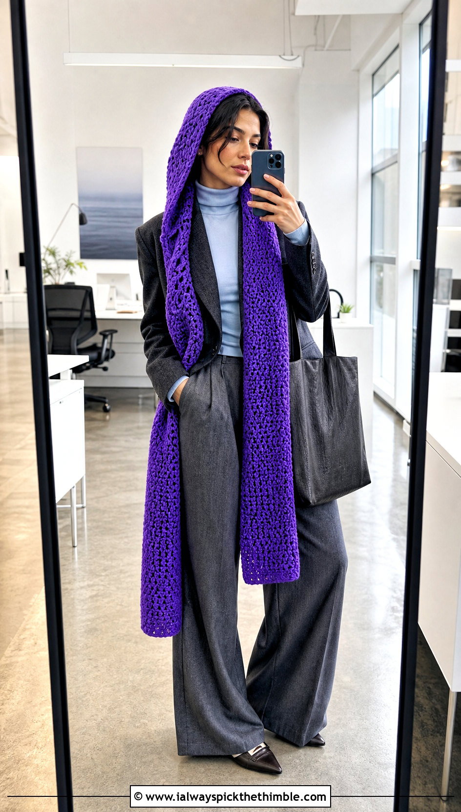 Long Tail Crochet Hood Scarf With Wide Leg Trousers - 20 crochet scarf hood outfit ideas