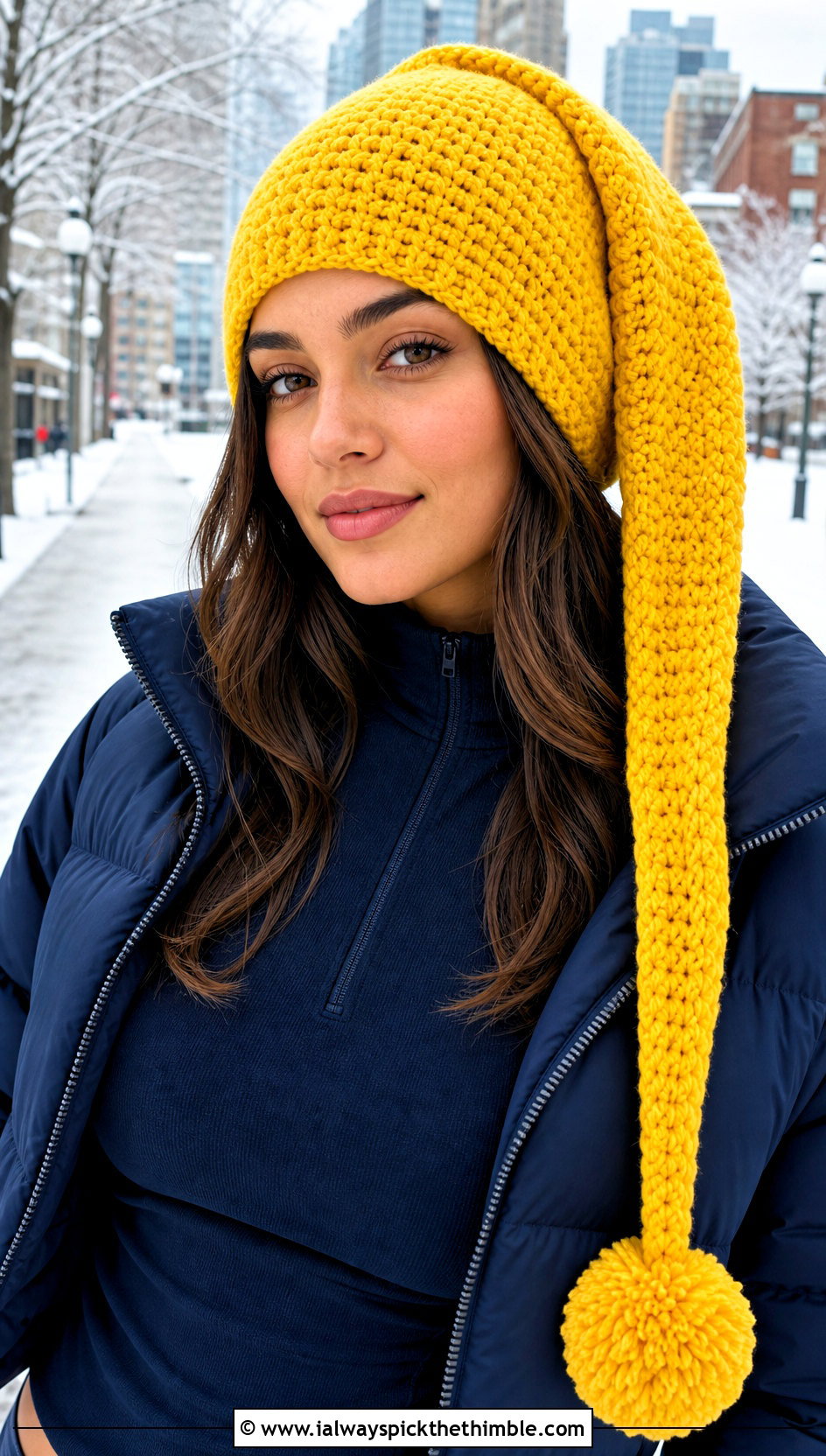 Long Tail Crochet Stocking Cap With Puffer Jacket And Leggings - 20 Pointed Crochet Hat outfit ideas