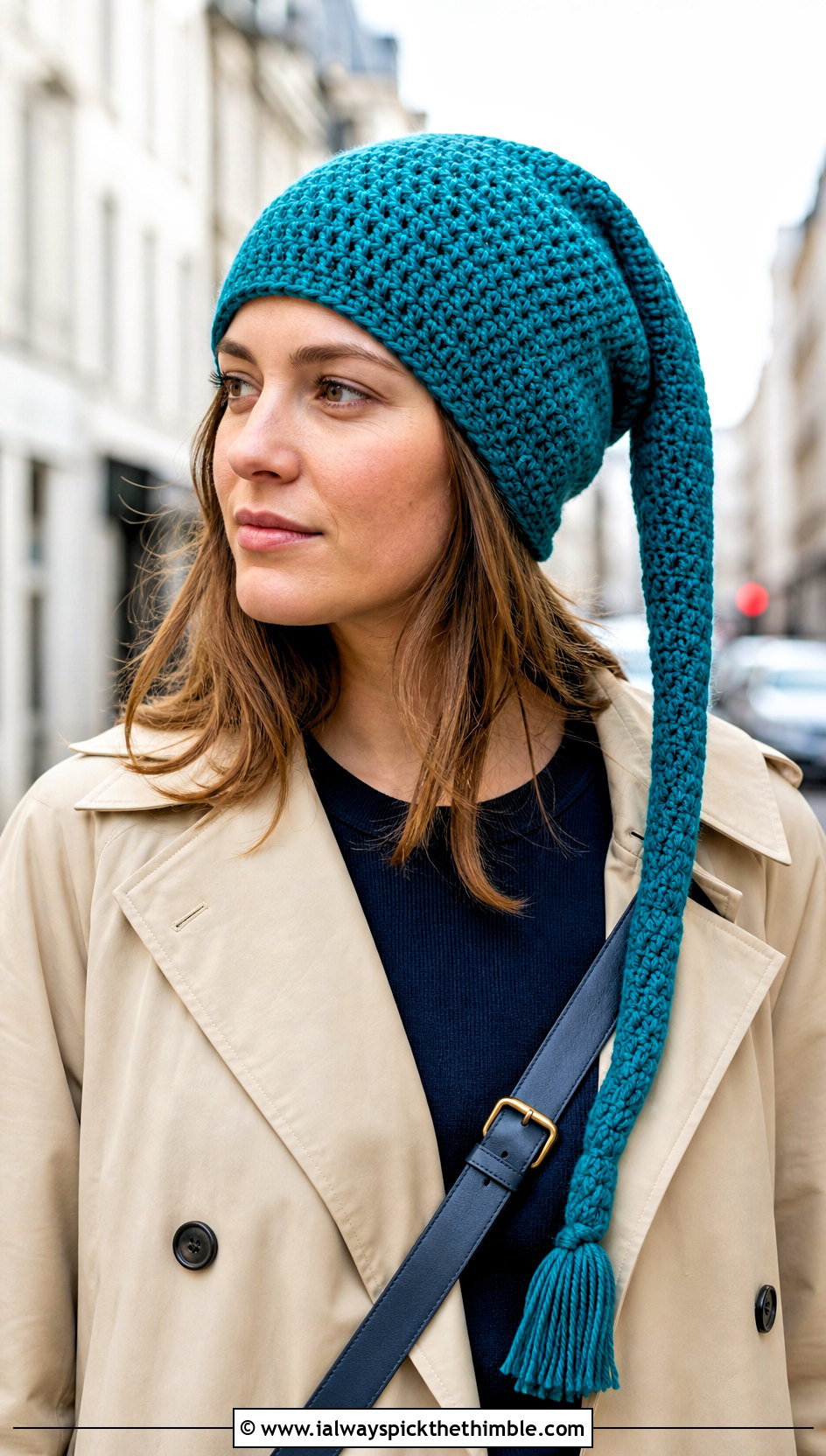 Long Tail Crochet Stocking Cap With Trench Coat - 20 crochet stocking cap outfit ideas