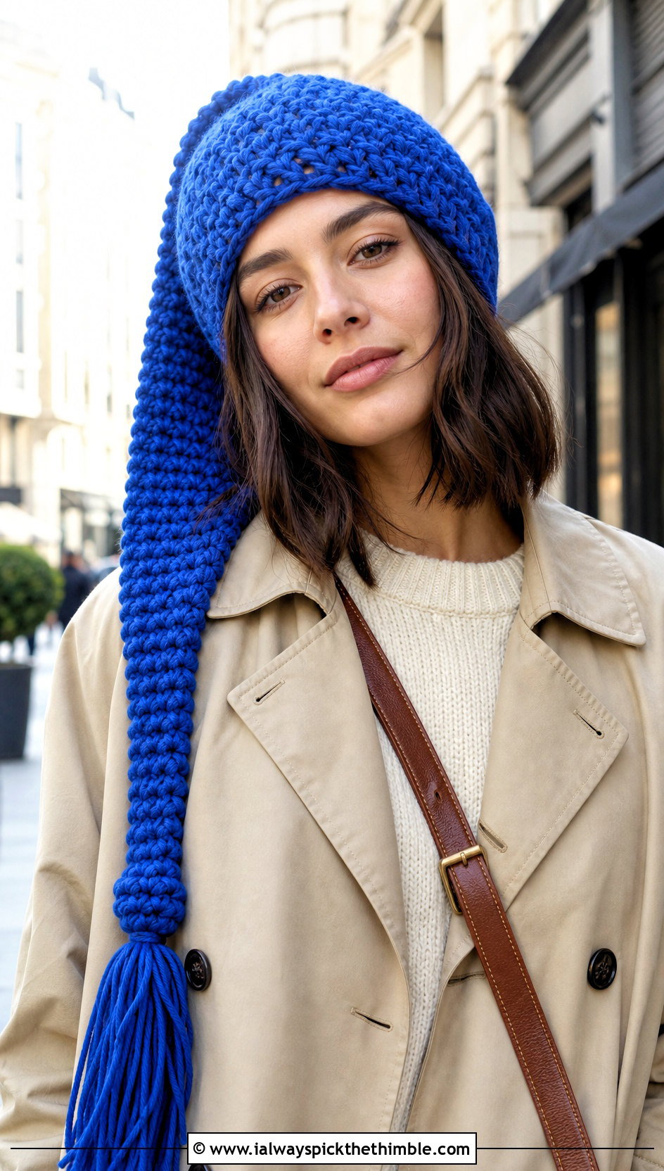 Long Tail Crochet Stocking Hat With Trench Coat - 20 easy crochet stocking hat outfit ideas