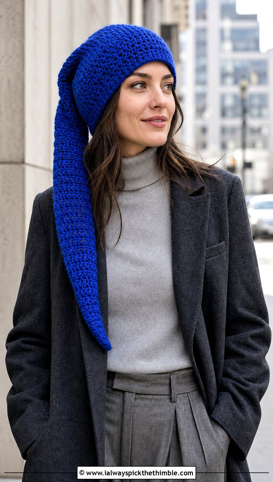 Long Tail Elf Beanie With Wool Coat And Trousers - 20 pointy crochet hat outfit ideas