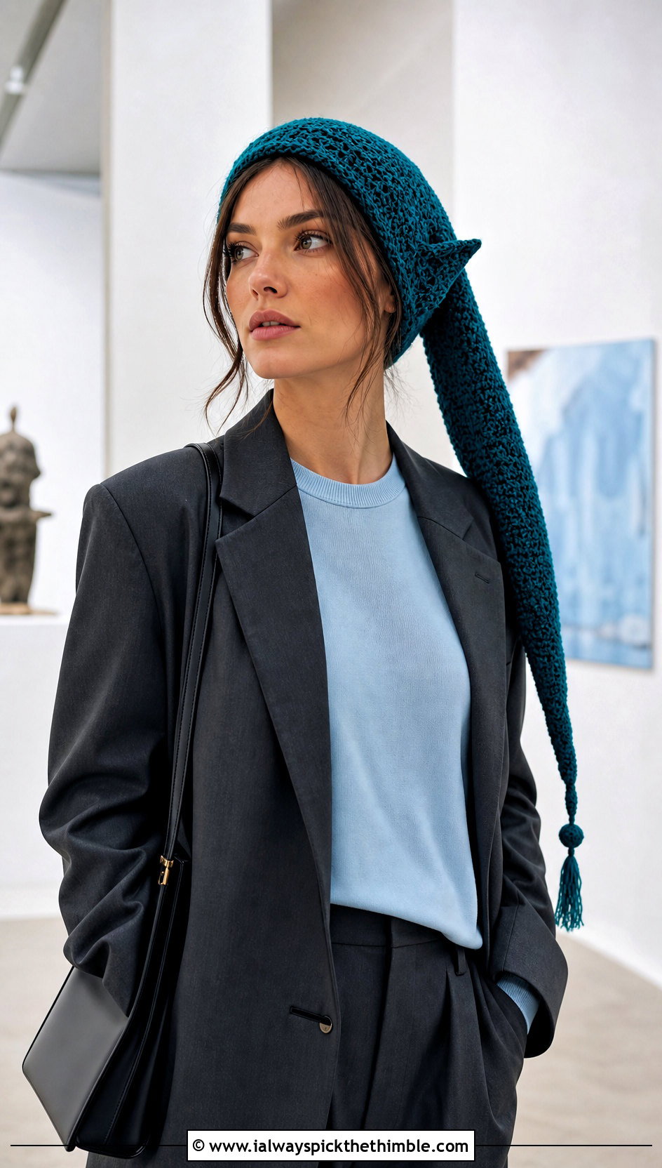 Long Tail Elf Crochet Fairy Hat With Blazer Outfit - 20 Crochet Fairy Hat outfit ideas