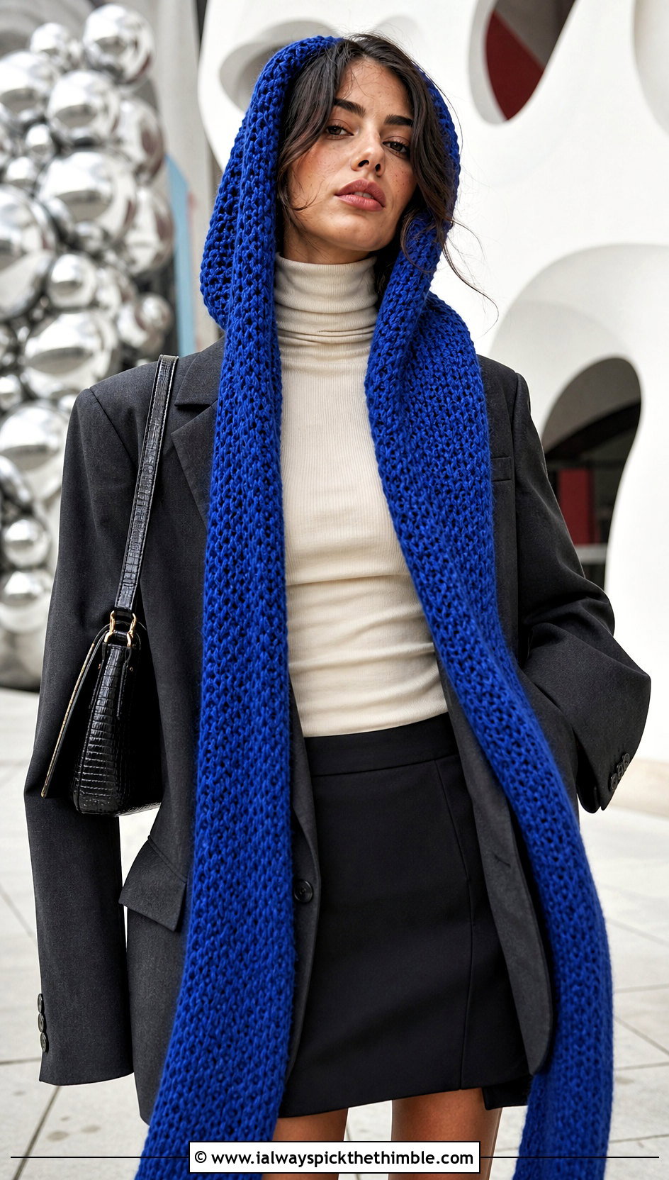 Long Tail Hooded Scarf With Blazer And Mini Skirt - 20 crochet scarf with hood outfit ideas