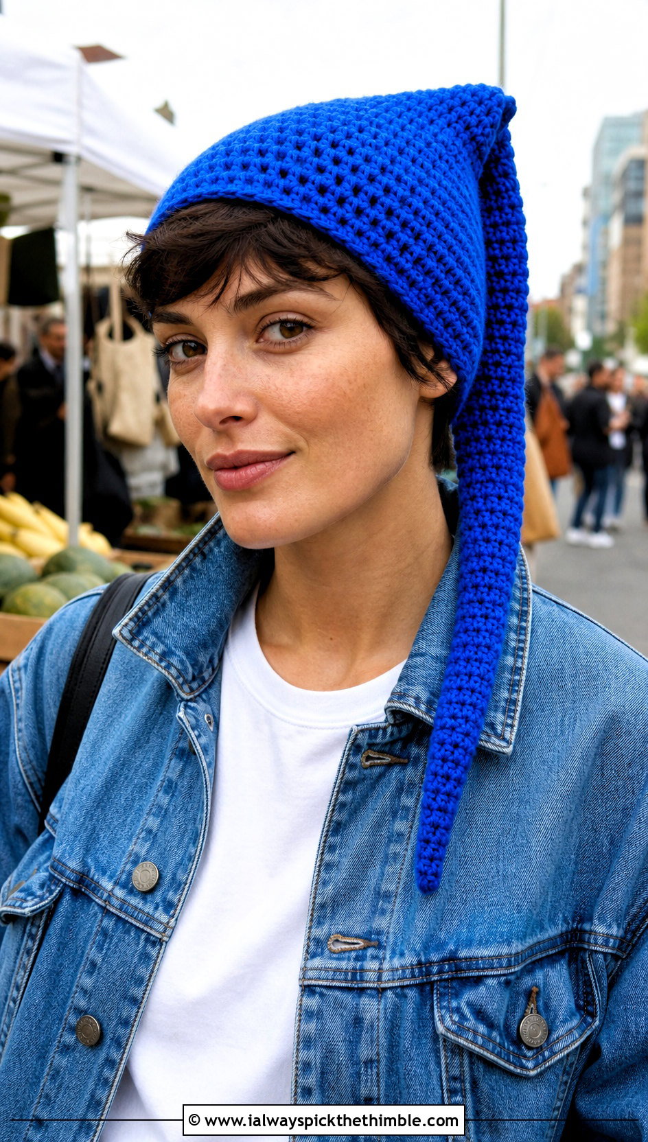 Long Tail Pixie Crochet Pointed Hat With Denim Jacket - 20 Crochet Pointed Hat outfit ideas
