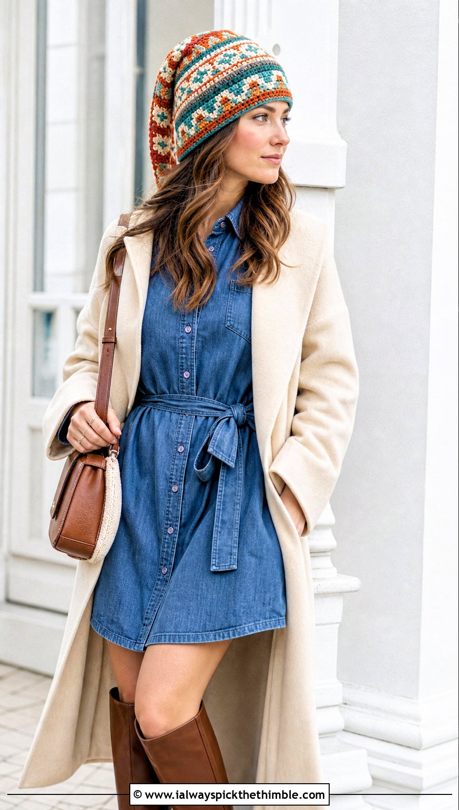 Long Tapestry Crochet Hat With Shirt Dress - 20 Long Crochet Hat outfit ideas