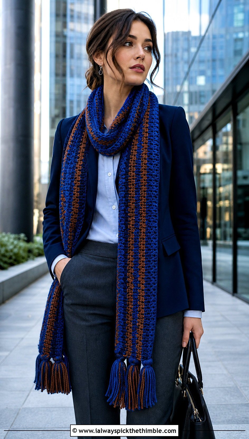 Long Tassel Crochet Ravenclaw Scarf With Tailored Trousers - 25 crochet ravenclaw scarf outfit ideas
