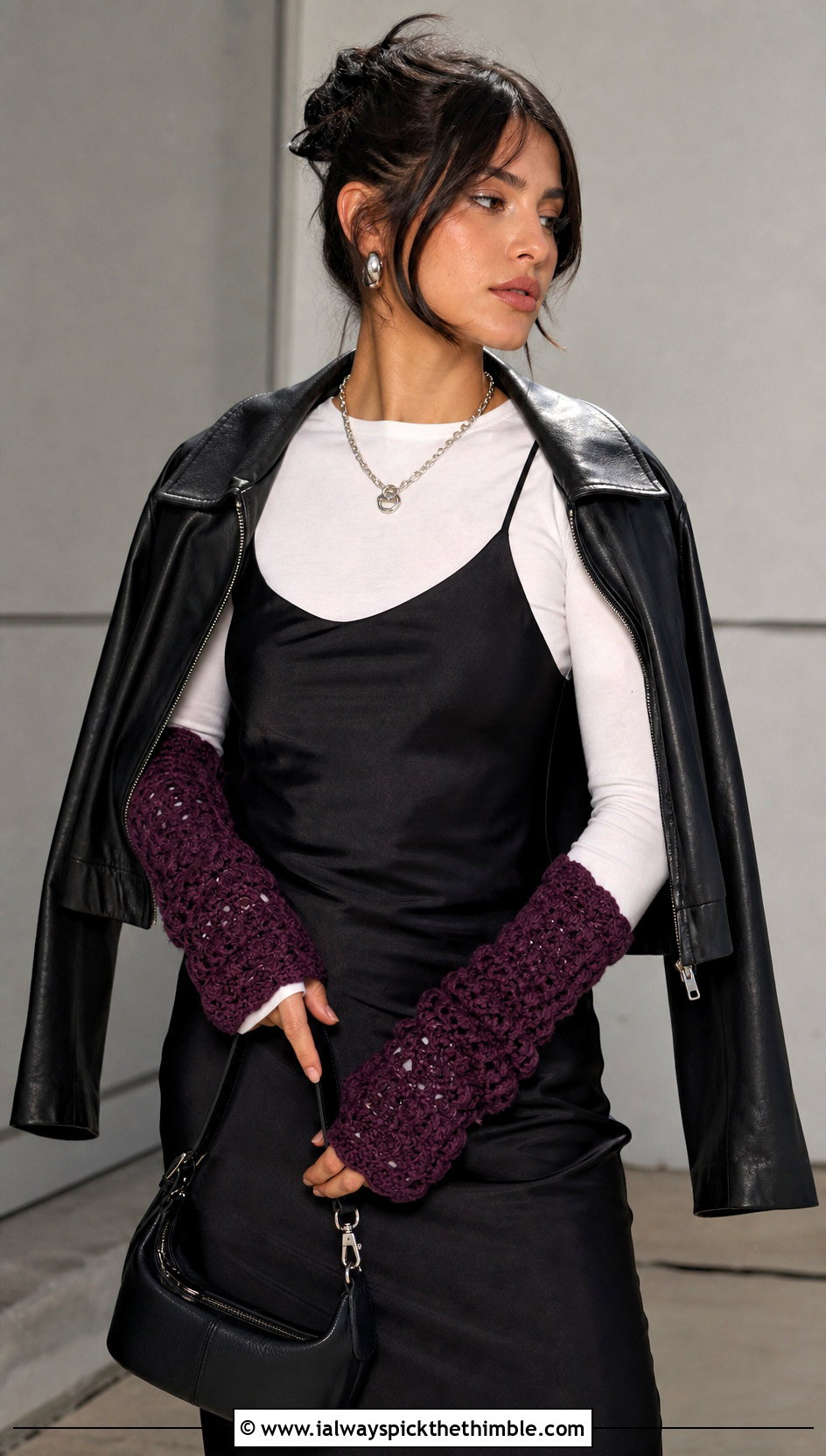Long Textured Crochet Arm Warmers With Slip Dress - 25 crochet hand warmer outfit ideas