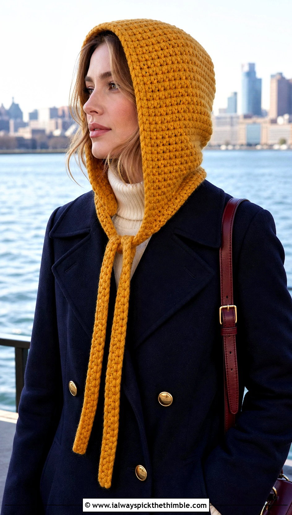 Long Tie Crochet Balaclava Hood With Peacoat - 25 crochet baclava hat outfit ideas