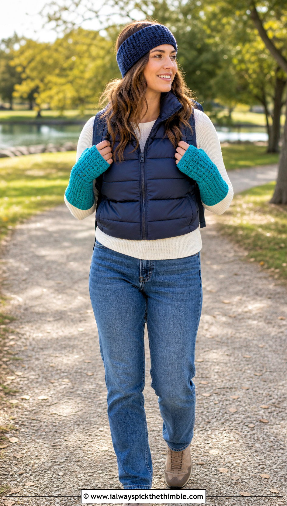Long Tunisian Crochet Gauntlets With Puffer Vest - 15 Tunisian Crochet Wrist Warmers outfit ideas