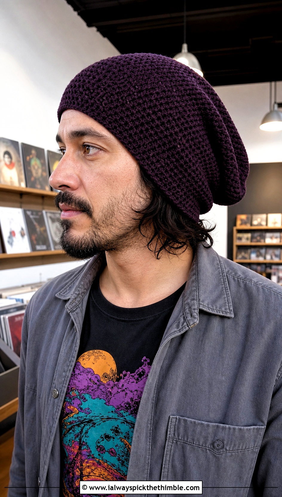 Long Uncuffed Crochet Beanie With Graphic Tee - 25 men's crochet beanie outfit ideas