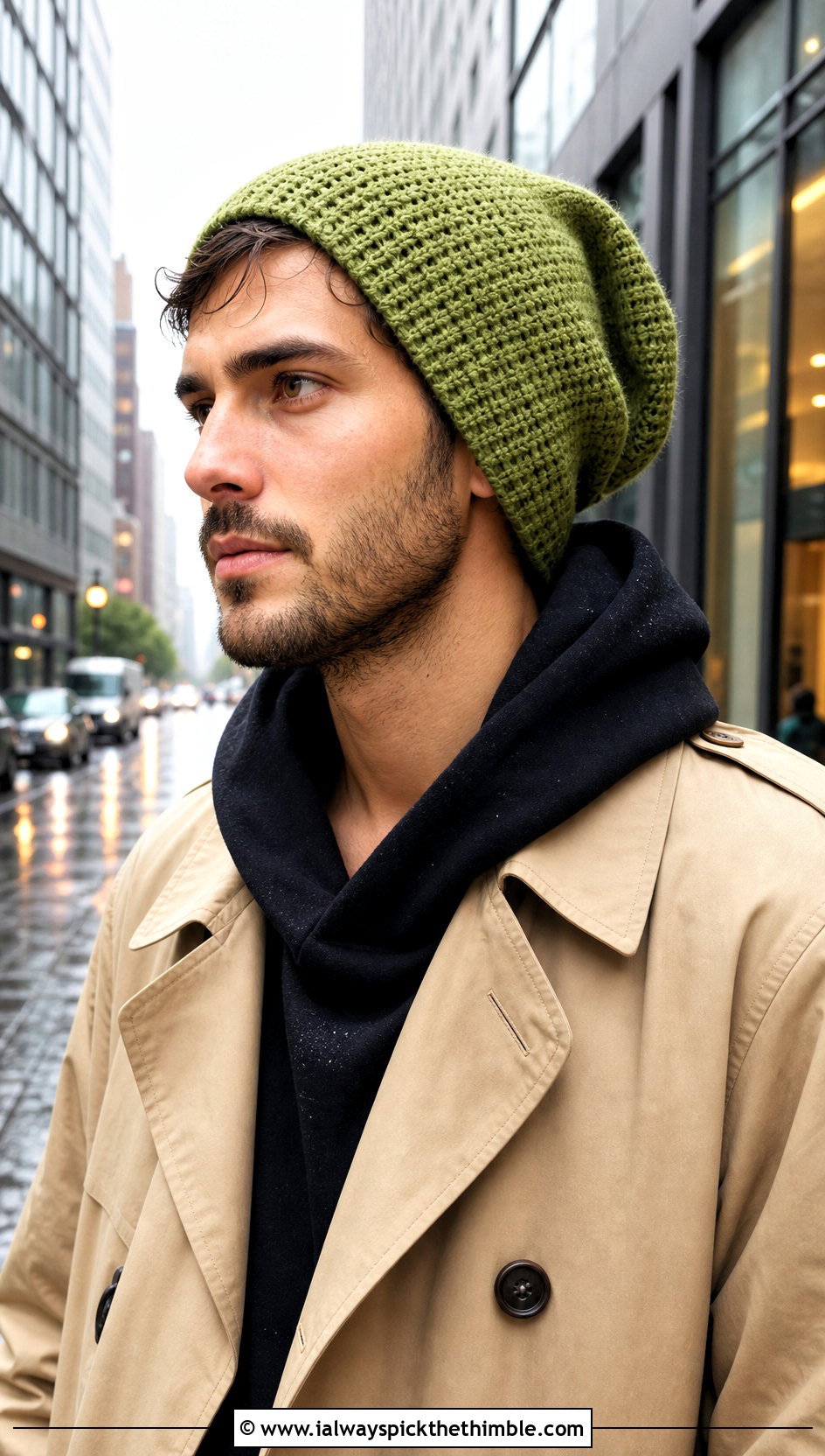 Long Uncuffed Crochet Beanie With Trench Coat - 20 crochet man beanie outfit ideas