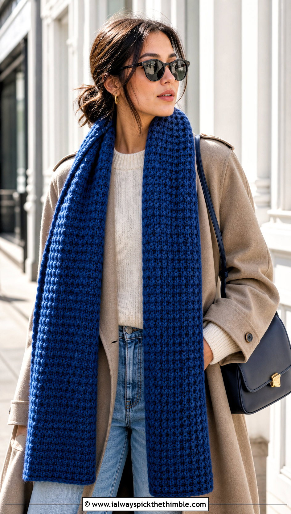 Long Waffle Crochet Scarf With Trench Coat And Jeans - 20 Waffle Crochet Scarf outfit ideas