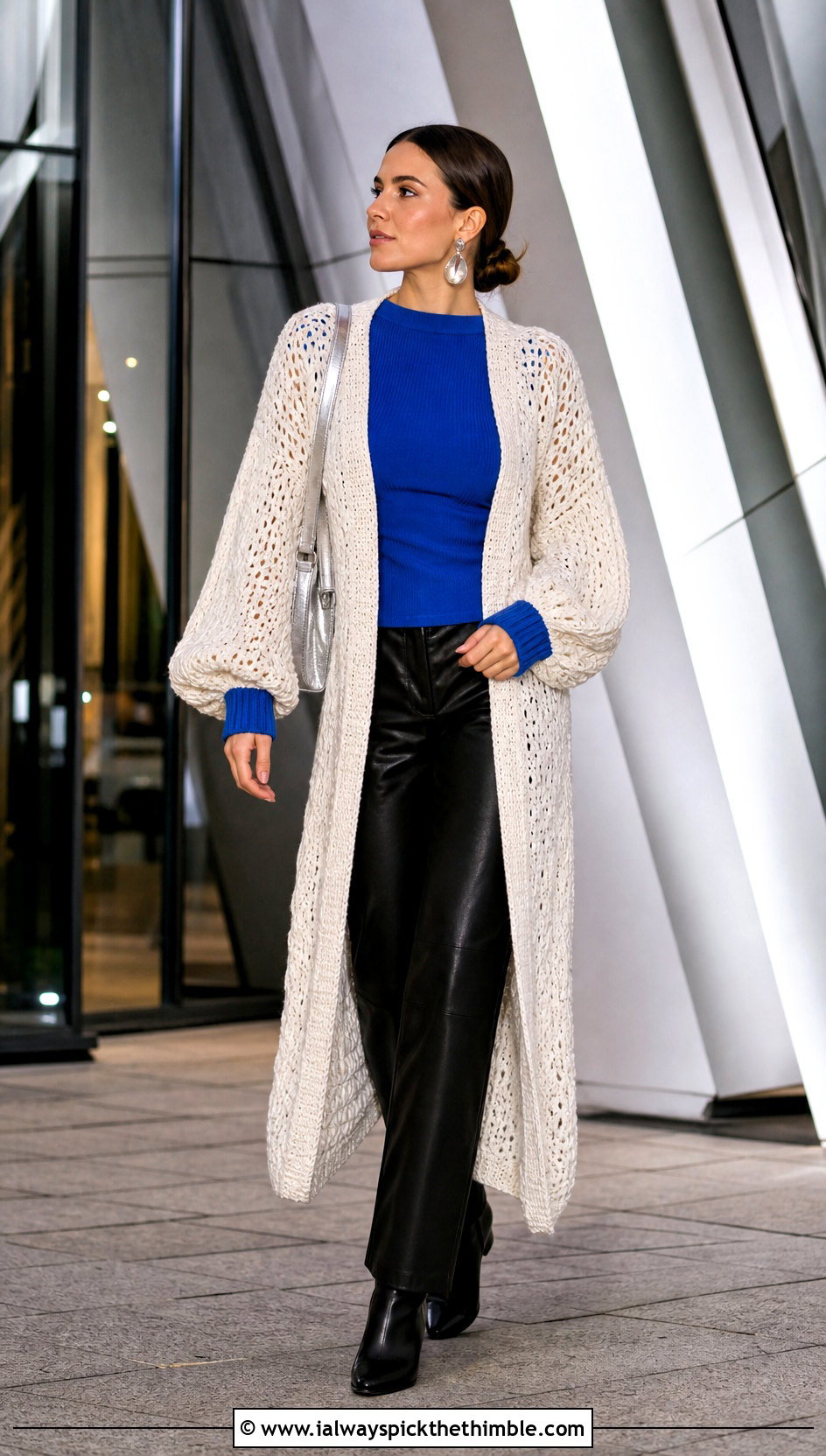 Long White Balloon Sleeve Crochet Cardigan With Leather Pants - 15 Long White Crochet Cardigan outfit ideas