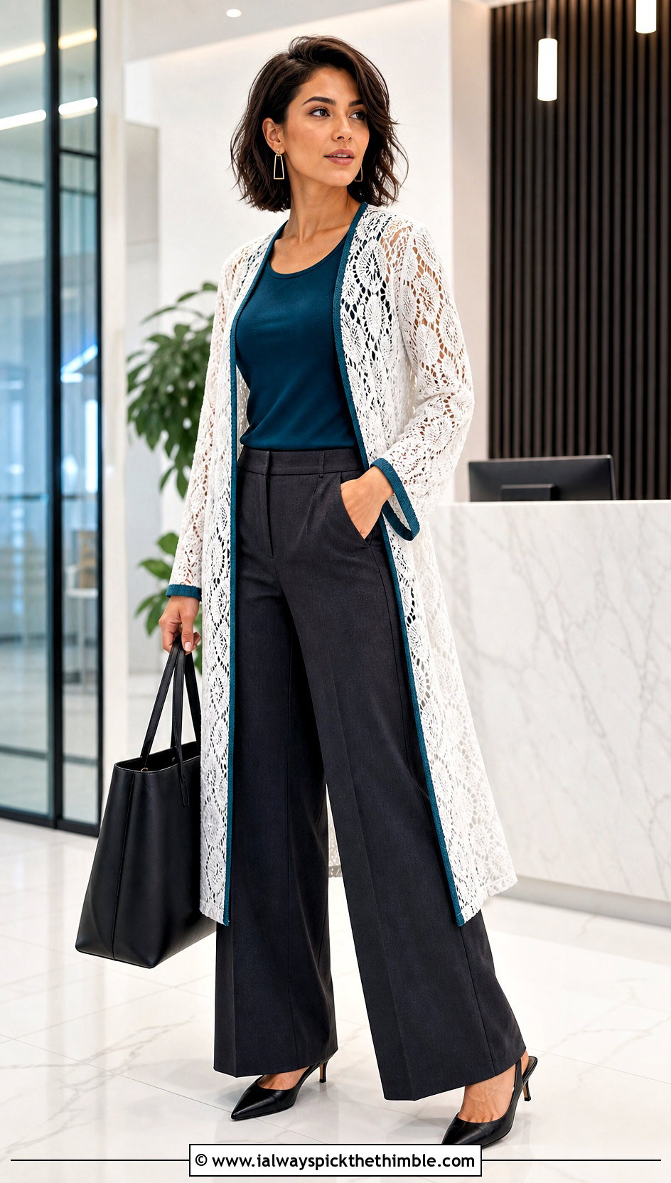 Long White Belted Lace Crochet Cardigan With Tailored Trousers - 15 Long White Crochet Cardigan outfit ideas