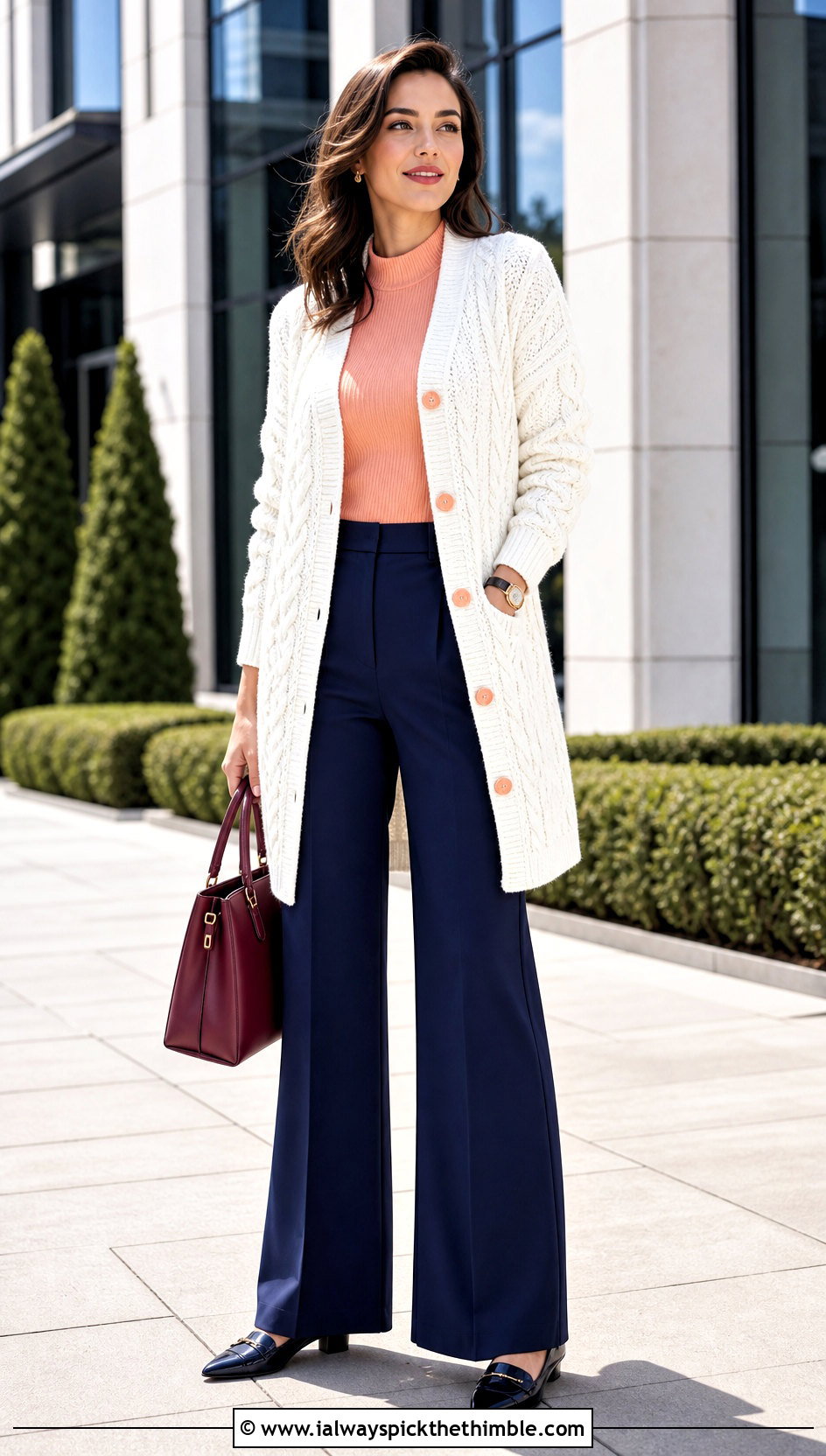 Long White Cable Stitch Crochet Cardigan With Wide Leg Trousers - 15 Long White Crochet Cardigan outfit ideas