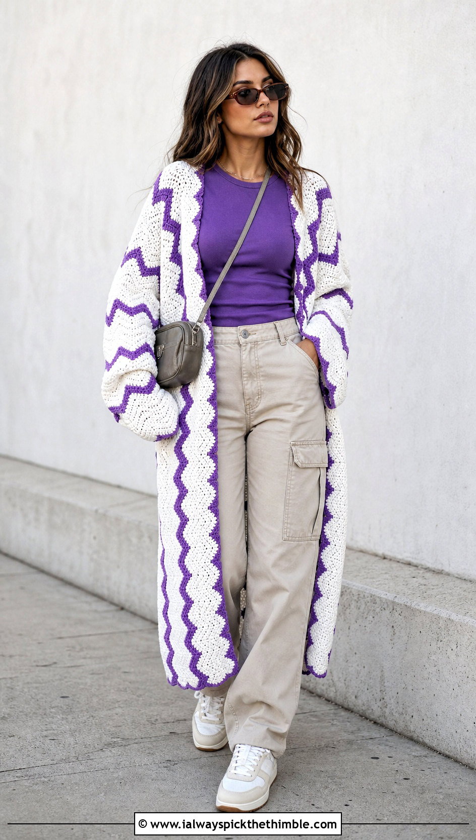 Long White Chevron Stitch Crochet Cardigan With Cargo Pants - 15 Long White Crochet Cardigan outfit ideas