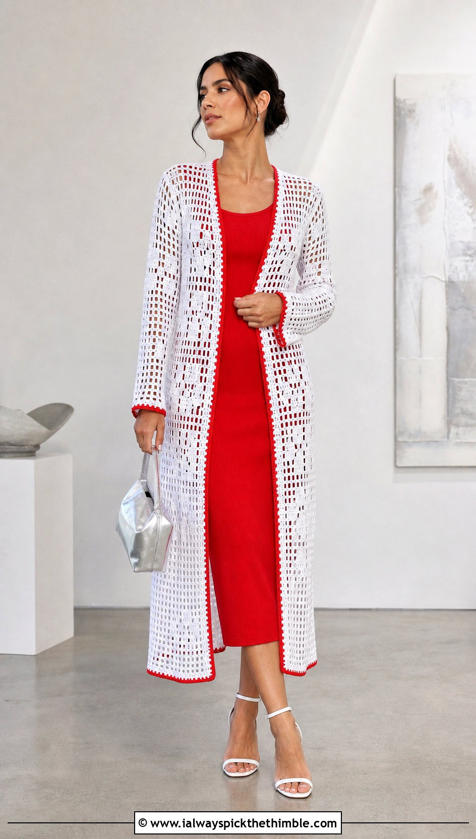 Long White Filet Crochet Cardigan With Column Dress - 15 Long White Crochet Cardigan outfit ideas