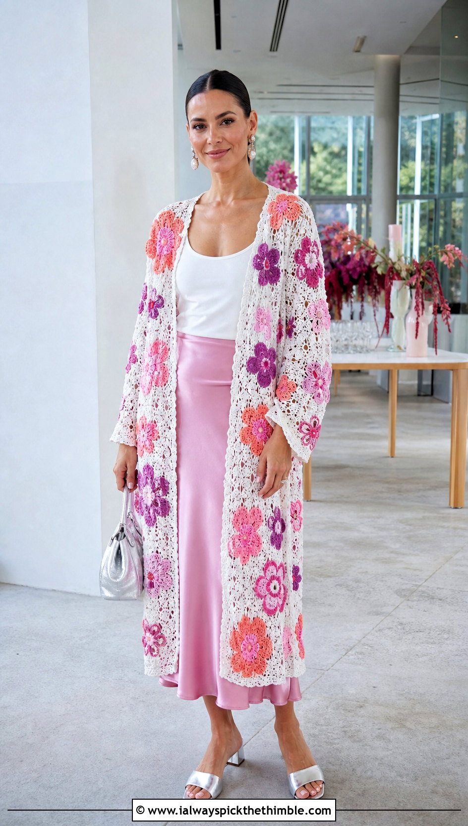Long White Floral Motif Crochet Cardigan With Satin Midi Skirt - 15 Long White Crochet Cardigan outfit ideas