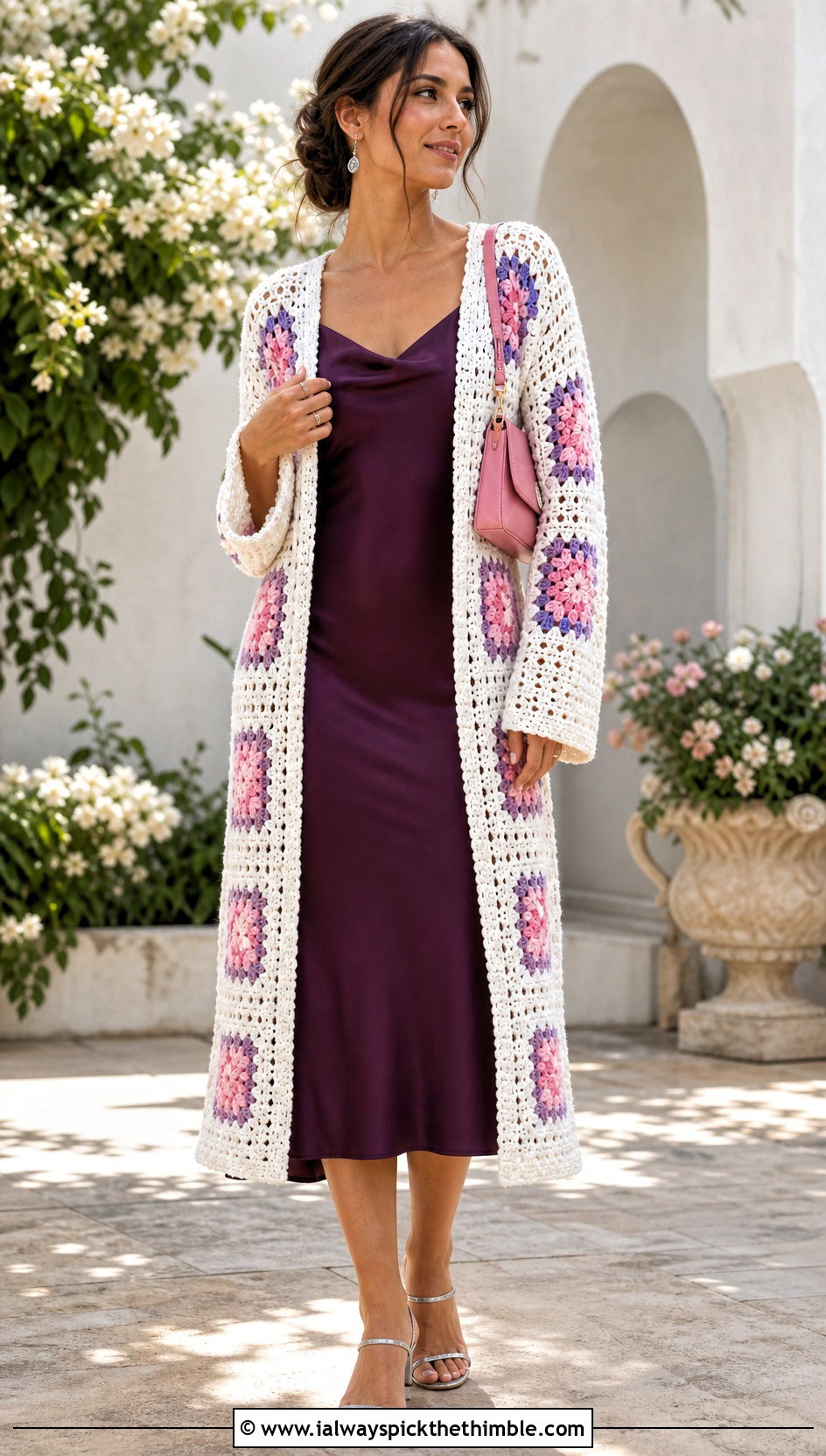 Long White Granny Square Crochet Cardigan With Slip Dress - 15 Long White Crochet Cardigan outfit ideas