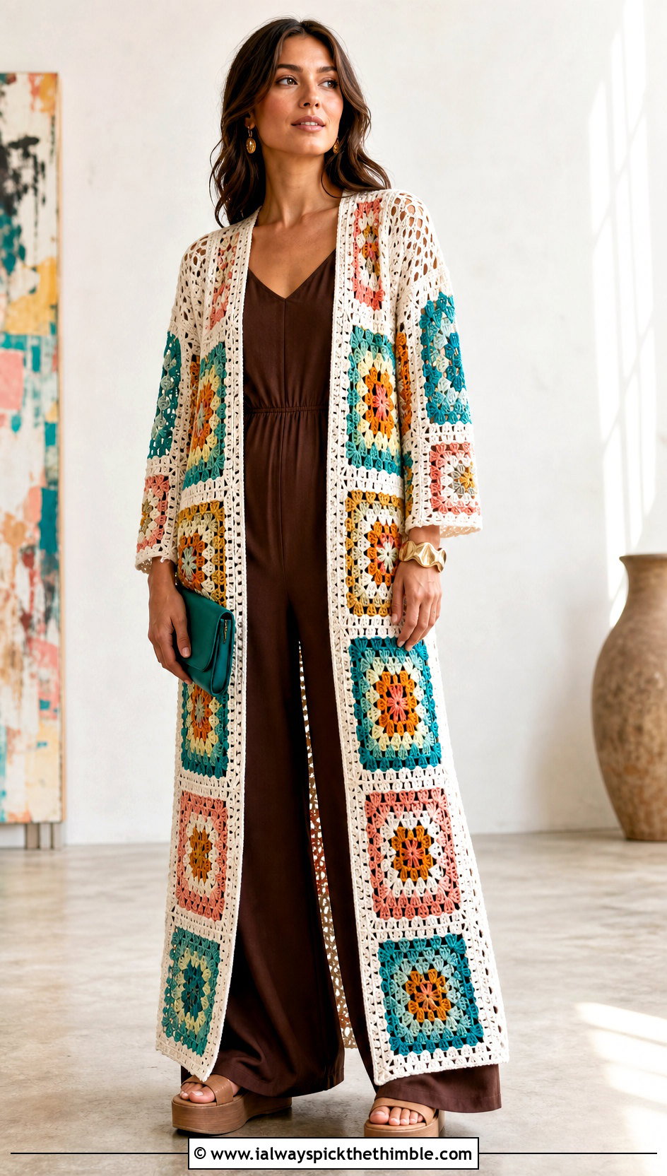 Long White Patchwork Crochet Duster With Jumpsuit - 15 Long White Crochet Cardigan outfit ideas