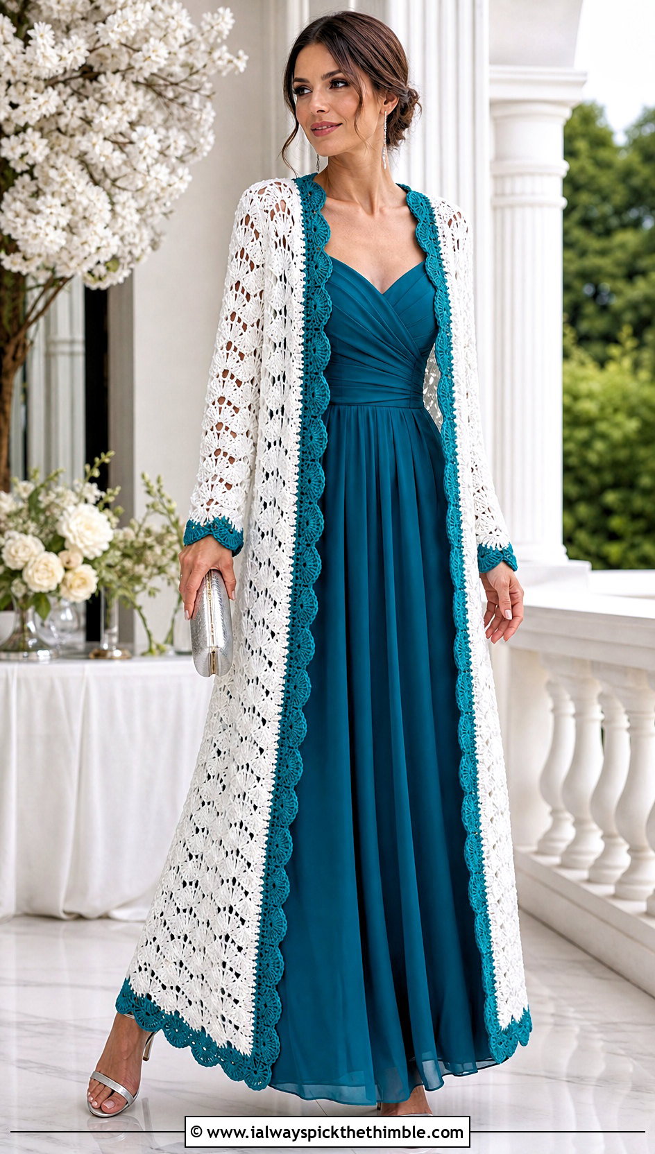 Long White Shell Stitch Crochet Cardigan With Evening Dress - 15 Long White Crochet Cardigan outfit ideas