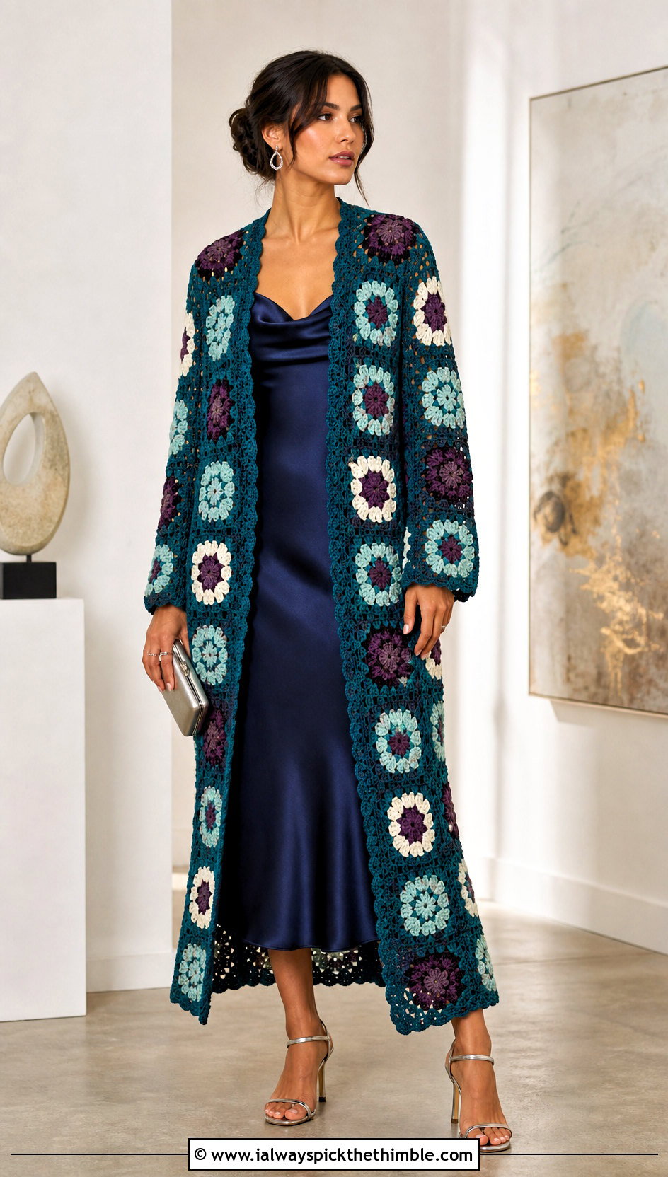 Longline African Flower Crochet Cardigan With Slip Dress - 20 african flower crochet cardigan outfit ideas