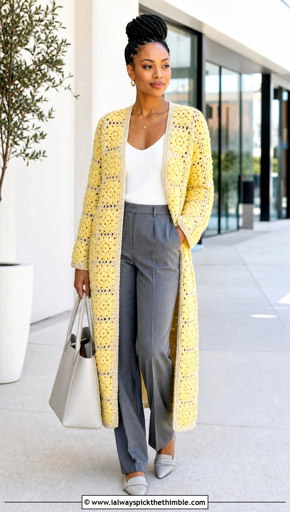 Longline African Flower Granny Square Cardigan With Tailored Trousers - 20 african flower granny square cardigan outfit ideas