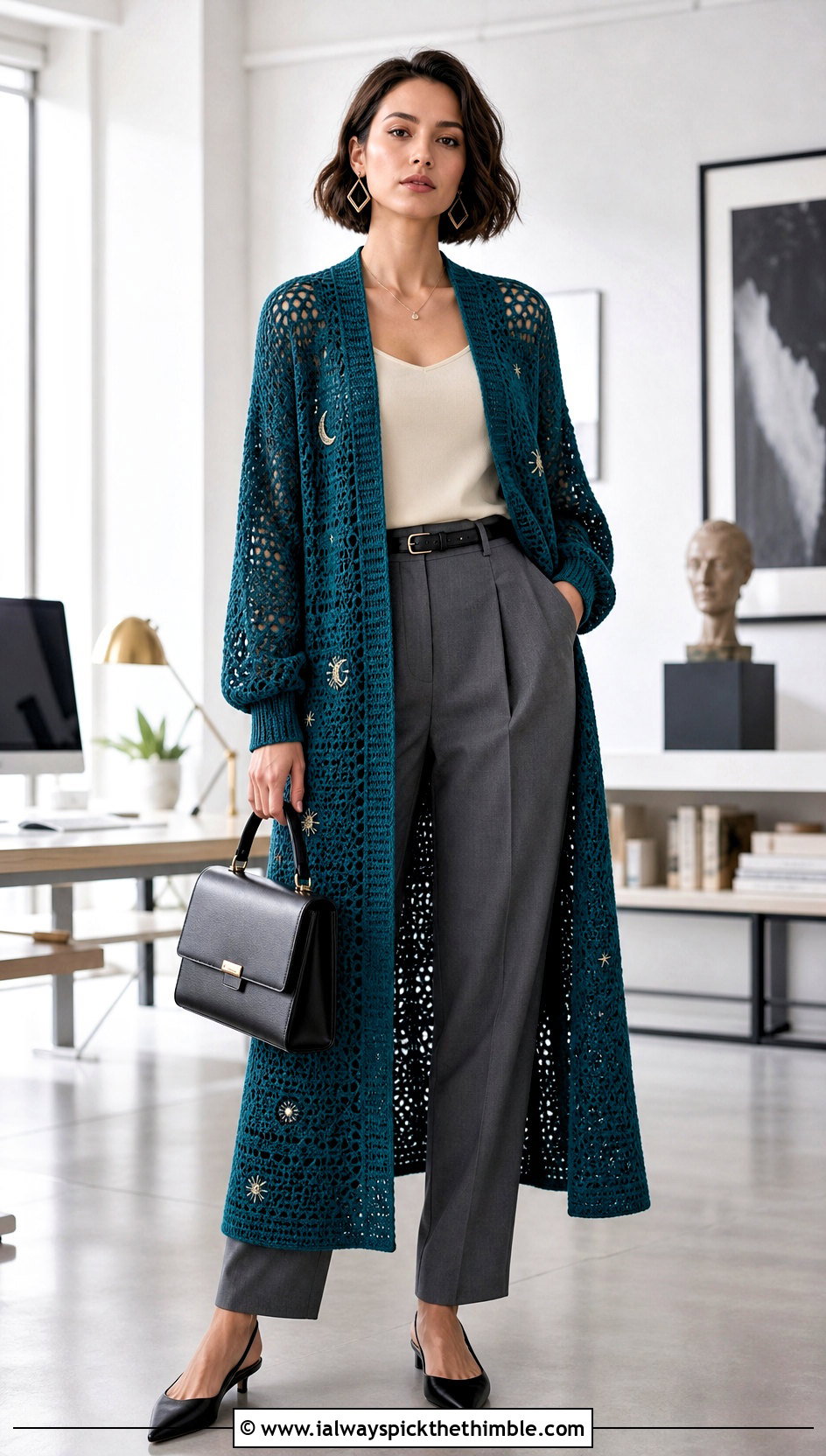 Longline Anime Crochet Cardigan With Tailored Trousers - 20 anime crochet cardigan outfit ideas