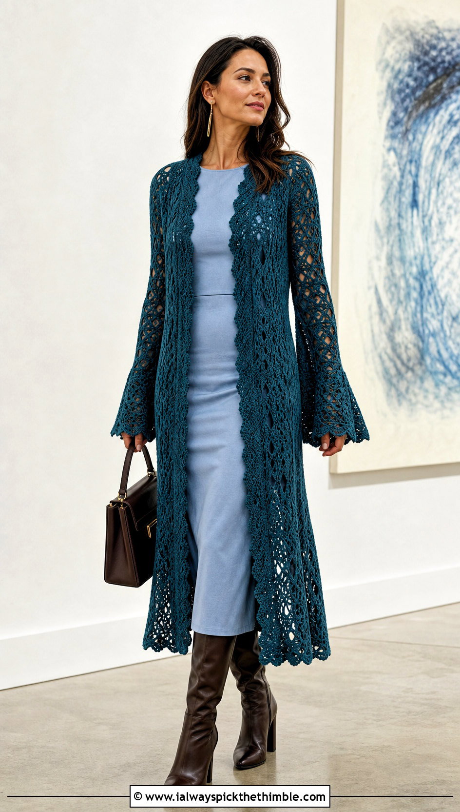 Longline Bell Sleeve Crochet Sweater With Column Dress - 20 bell sleeve crochet sweater outfit ideas
