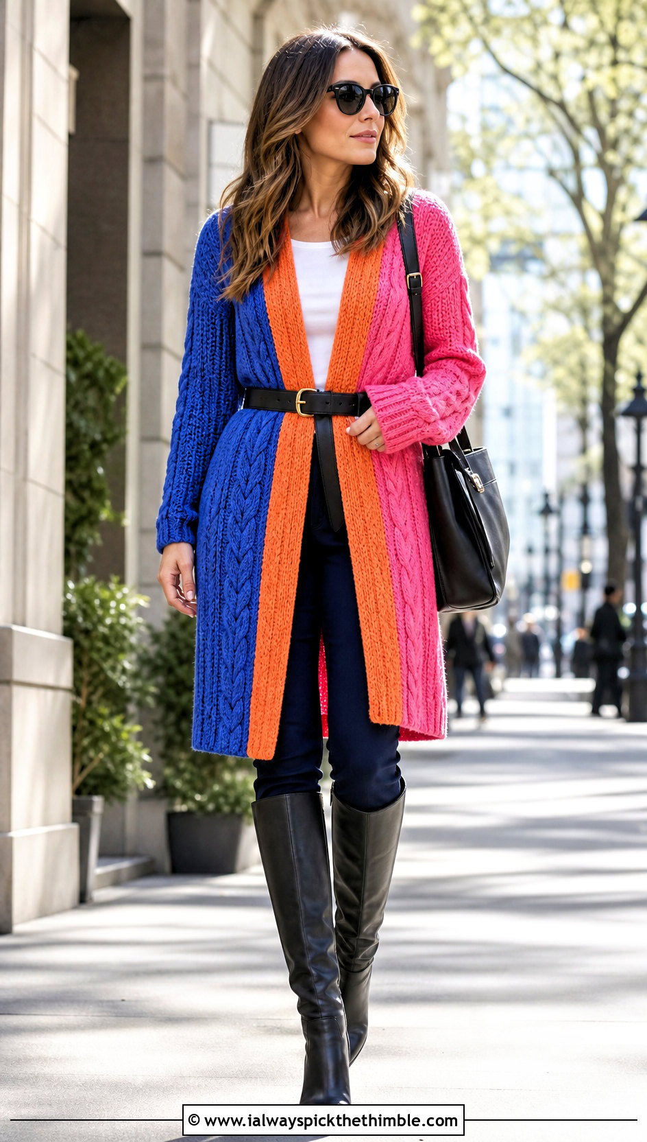 Longline Belted Cable Crochet Sweater With Knee High Boots - 20 Cable Knit Crochet Sweater outfit ideas