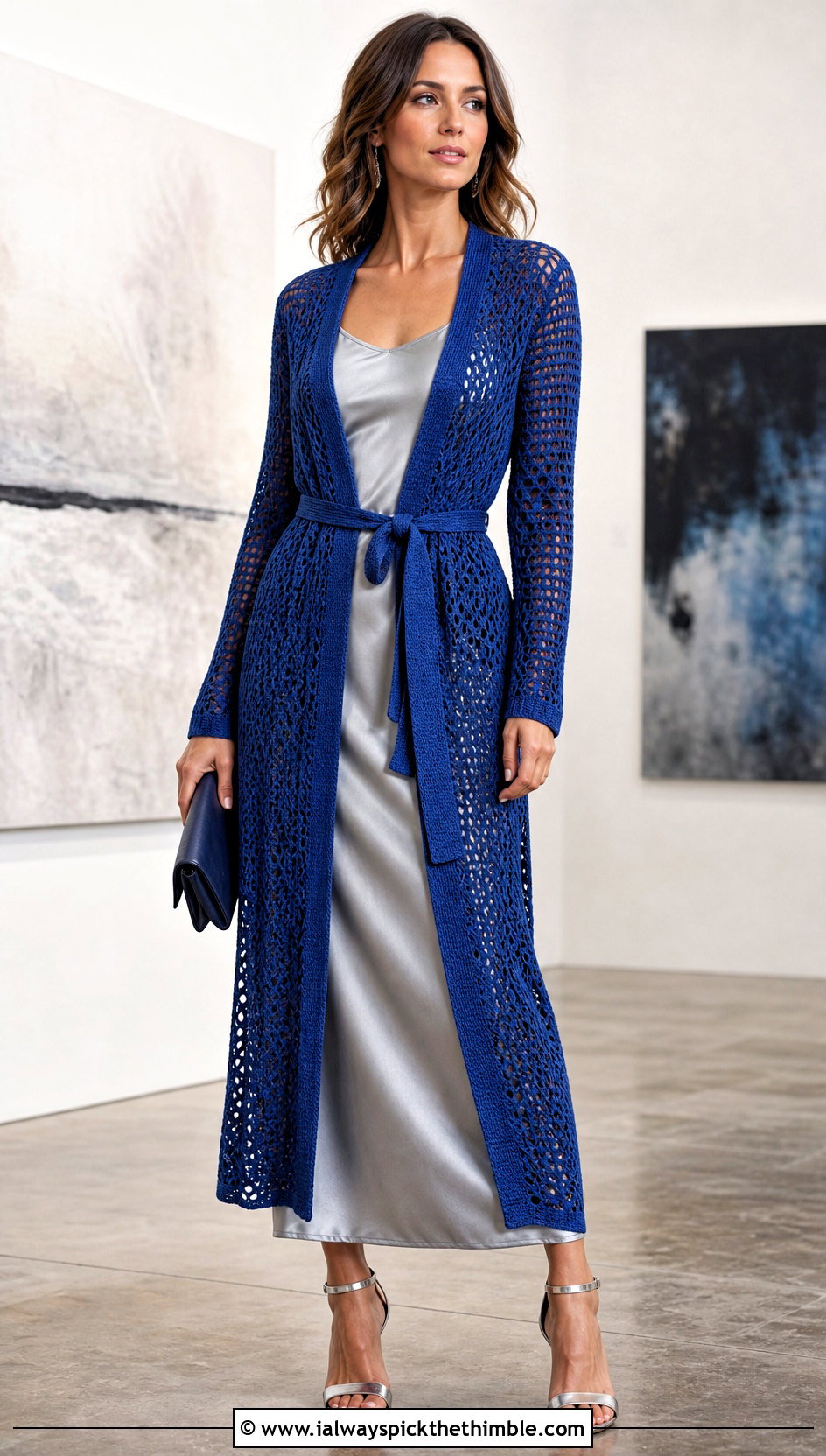 Longline Belted Crochet Cardigan With Satin Slip Dress - 20 wrap crochet cardigan outfit ideas