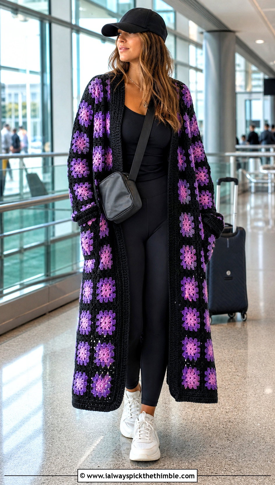 Longline Black Granny Square Sweater With Leggings - 20 black granny square sweater outfit ideas