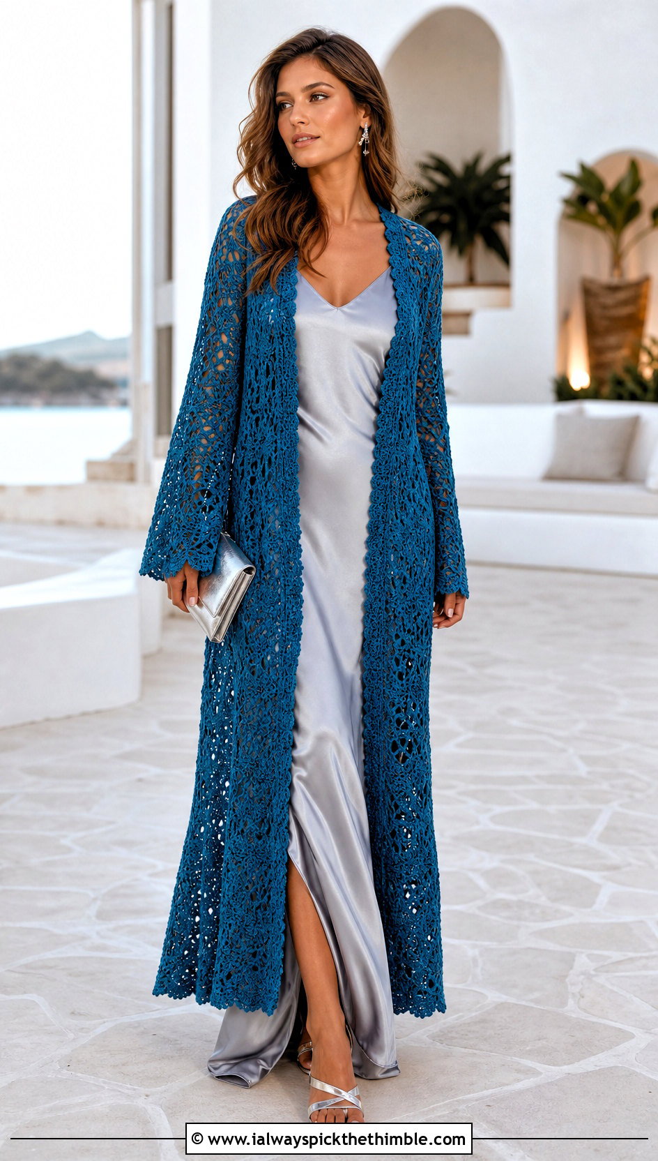 Longline Blue Crochet Duster Cardigan With Slip Dress - 25 blue crochet cardigan outfit ideas