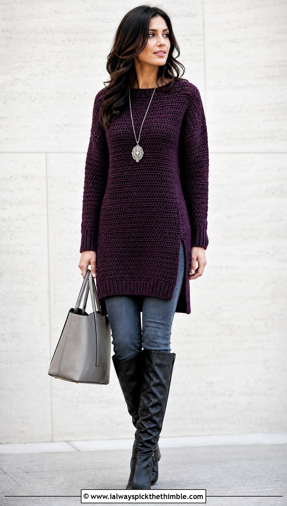 Longline Bottom Up Crochet Tunic Sweater With Slim Jeans - 20 bottom up crochet sweater outfit ideas