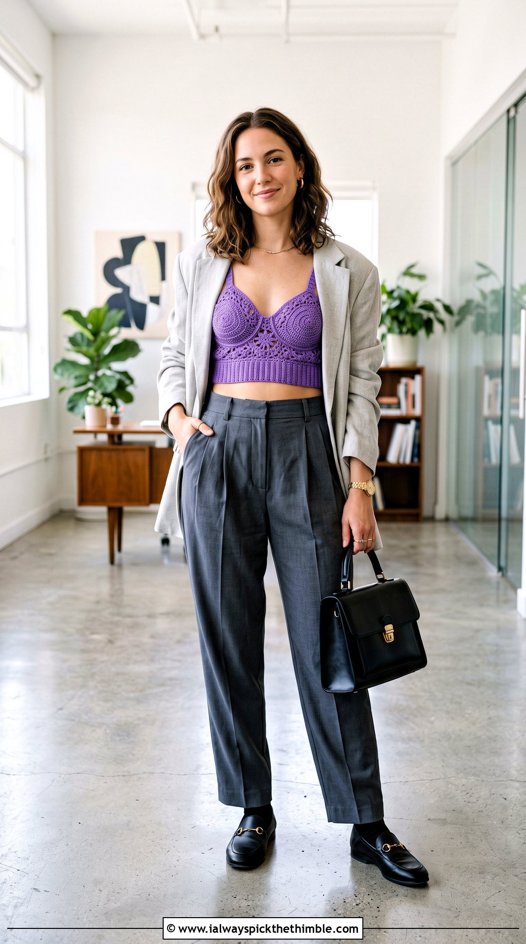 Longline Bralette Cup Crochet Top With Pleated Trousers - 25 crochet cup top outfit ideas