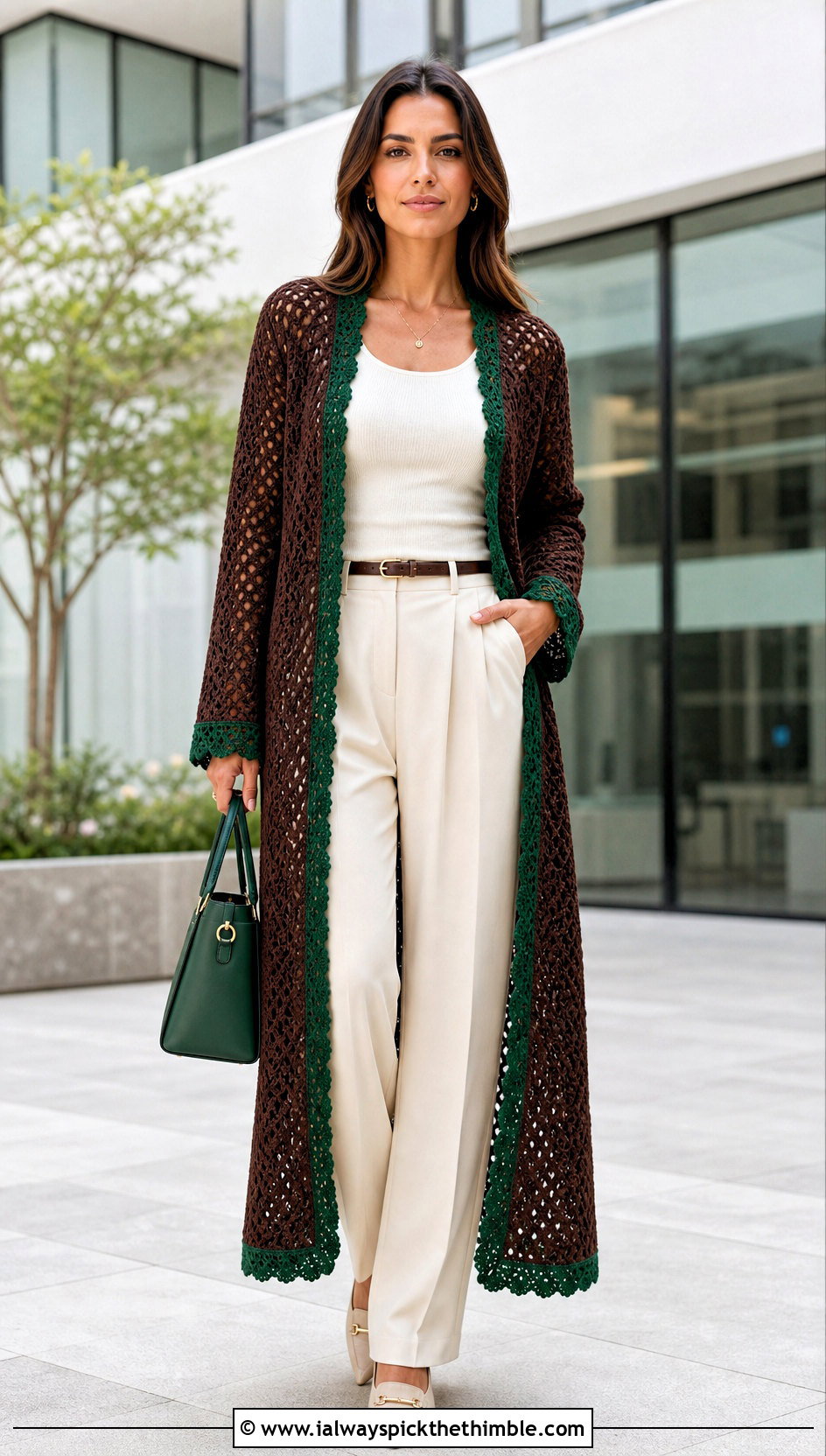 Longline Brown Crochet Duster Cardigan With Pleated Trousers - 25 Brown Crochet Cardigan outfit ideas