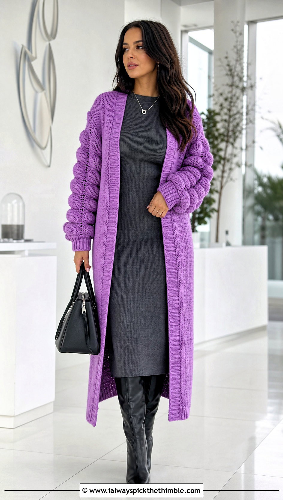 Longline Bubble Panel Crochet Cardigan With Knit Midi Dress - 15 Crochet Bubble Cardigan outfit ideas