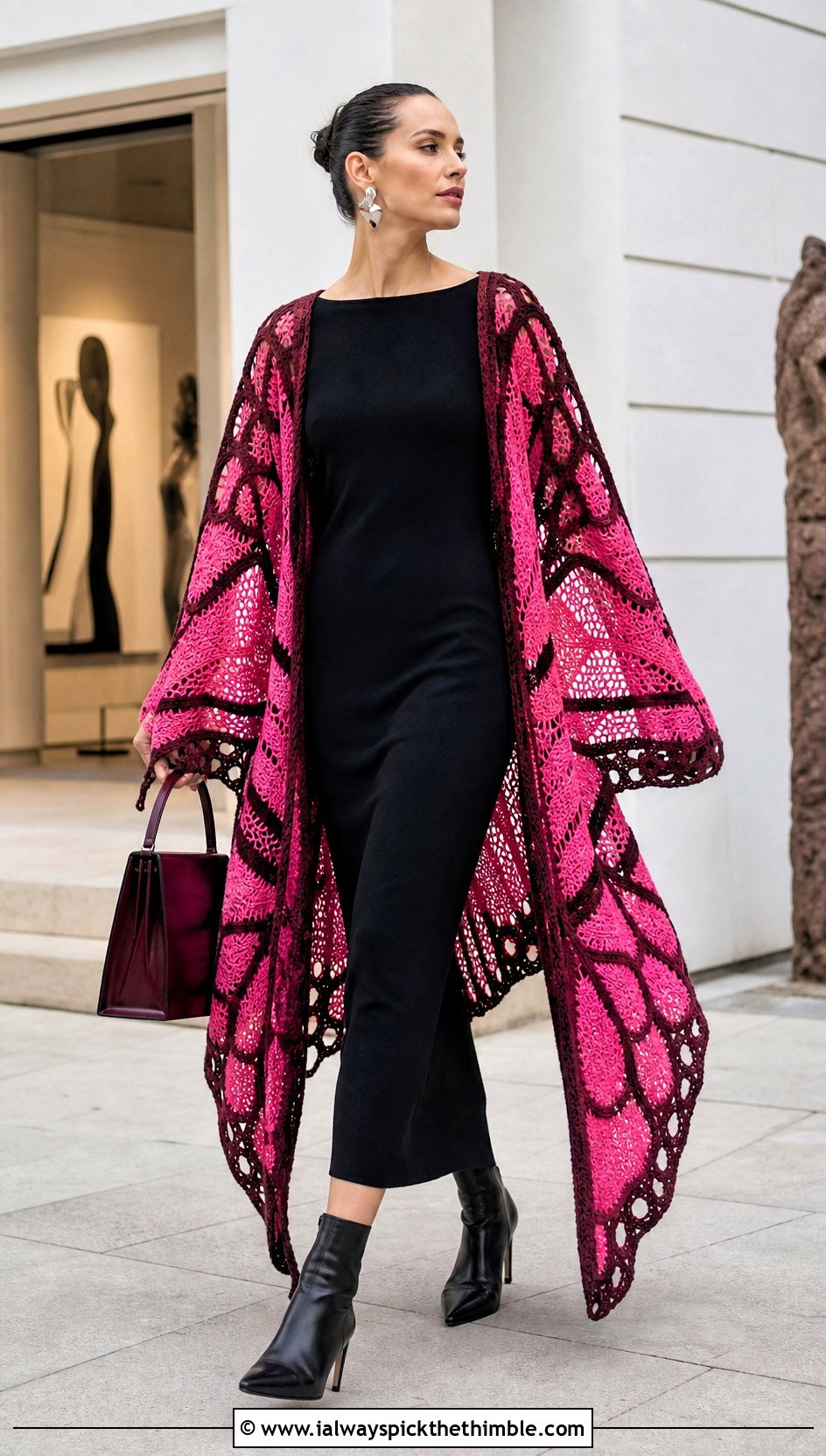 Longline Butterfly Wing Crochet Cardigan With Column Dress - 25 crochet butterfly cardigan outfit ideas